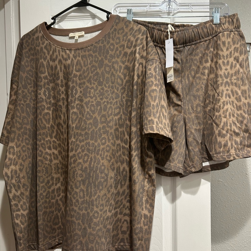 Gilded Intent Brown Leopard Print Short Sleeve Tee and matching shorts